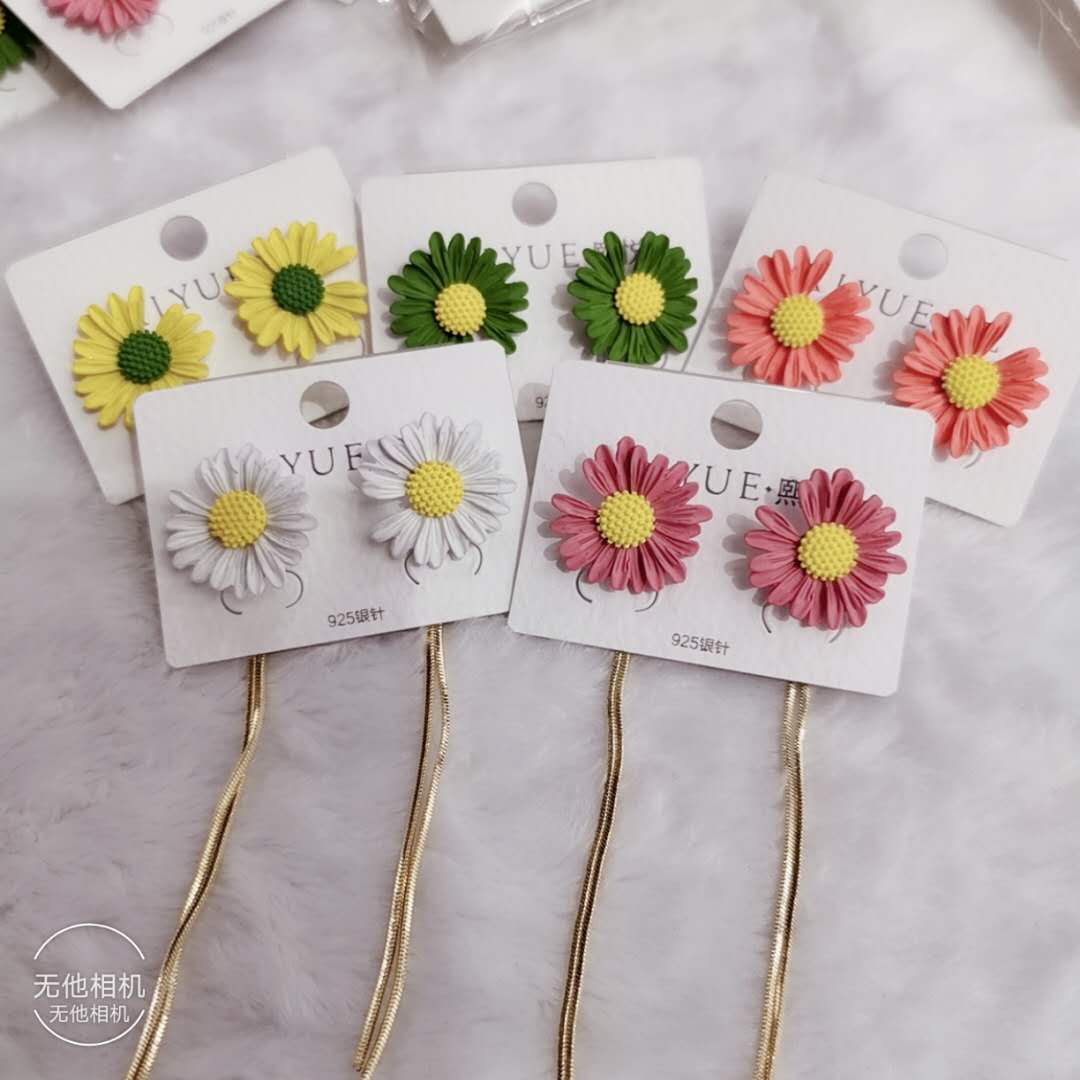 韩版缺口太阳花前后夹长款流苏耳环耳饰可爱甜美高雅耳饰网红饰品