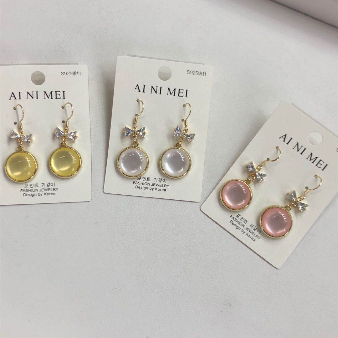Bow long earrings, candy-colored earrings, silver needle anti-allergy Korean-style trendy earrings, slimming accessories