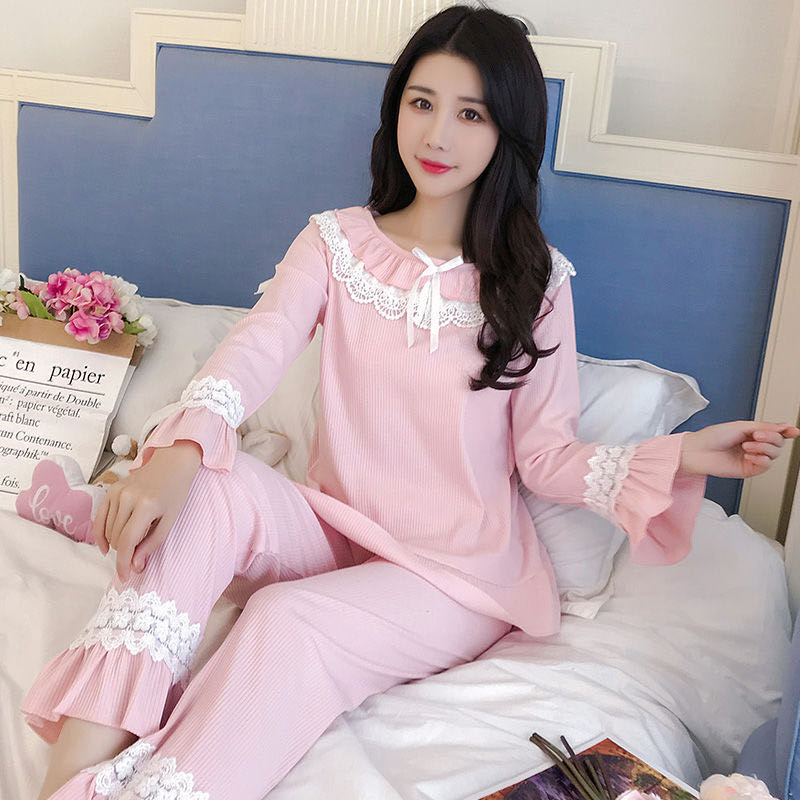 Pajama Women Cotton Spring And Autumn Long Sleeves Sweet And Lovely Korean Lace Lace Princess Style Autumn Home Dress details Picture