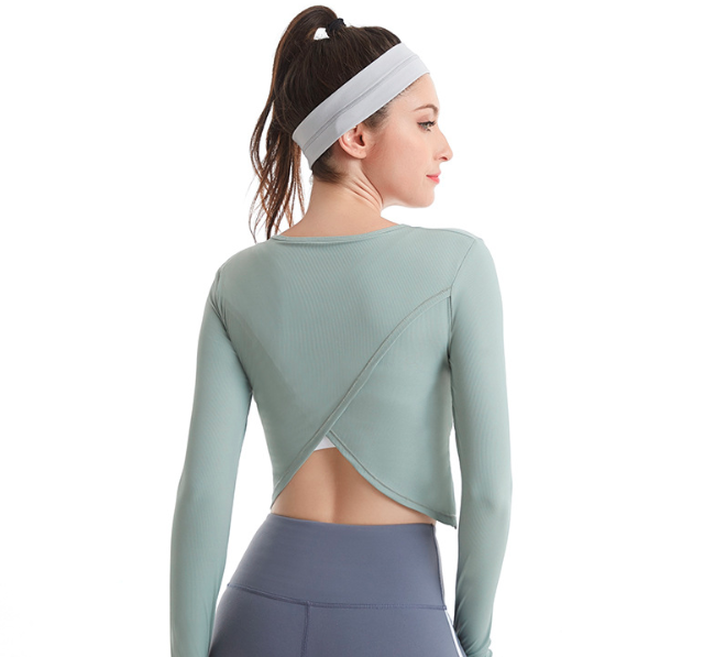 2020新款健身服女 运动跑步瑜伽上衣速干透气螺纹瑜伽服长袖T恤