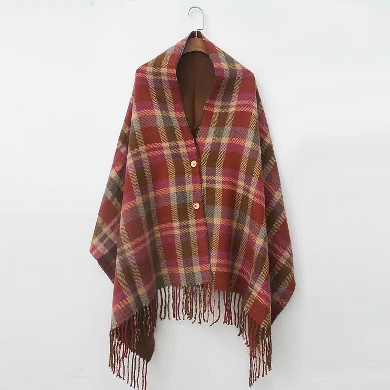 Cashmere Shawl Autumn-Winter New Plaid Double-Sided Double Use Thick Fringe Warm Women's Multi-Purpose Scarf Cloak