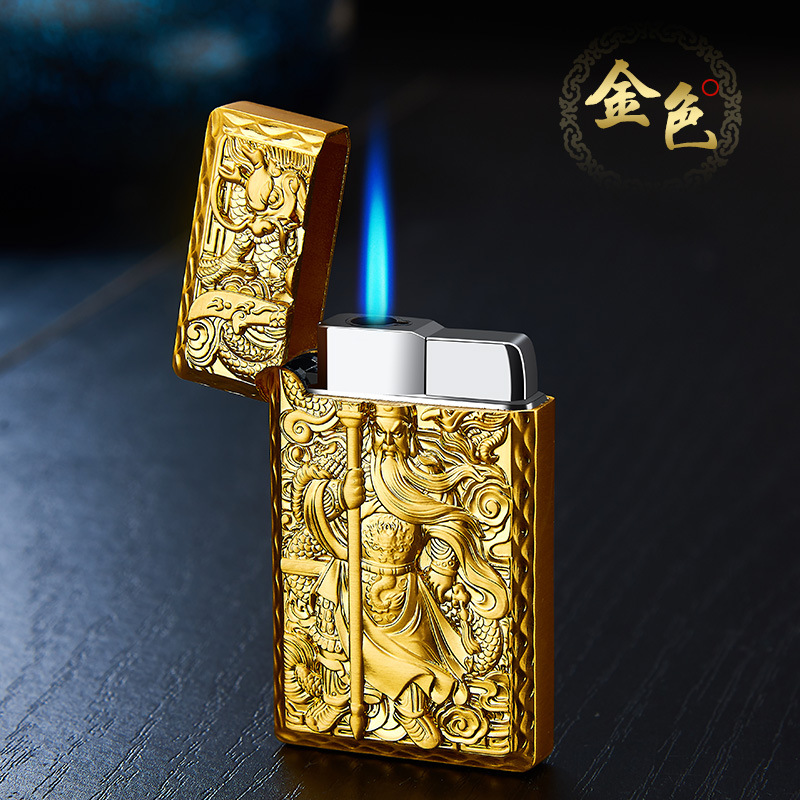 Relief Guan Gong Lang sound straight lighter windproof blue flame steel sound personality creative lighter wholesale 593 Application Scenario