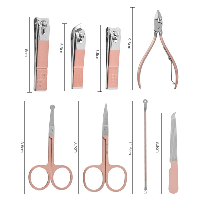 Rose gold stainless steel nail clipper set Pedicure knife Nail clipper tweezers 18 sets nail tools gift stock 783 Specification drawing