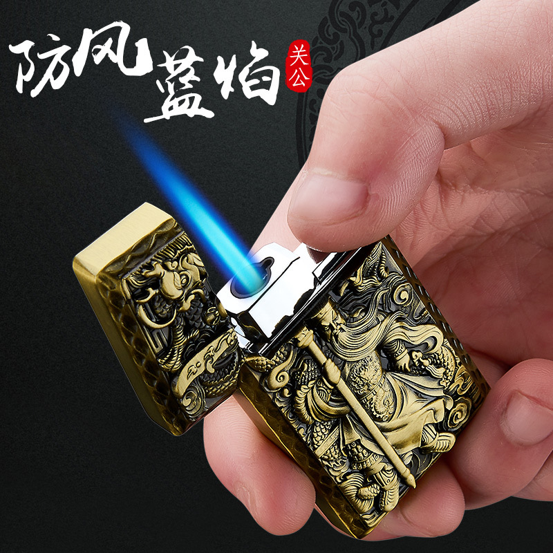 Relief Guan Gong Lang sound straight lighter windproof blue flame steel sound personality creative lighter wholesale 593 details Picture