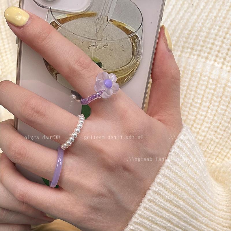 东菊2022年新款珍珠花朵糖果色戒指套装组合女小众设计感时尚树脂图