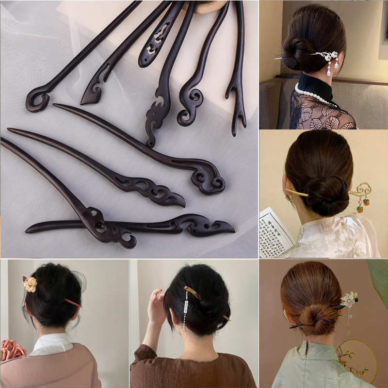 Hairpin ancient style wood hairpin simple black hairpin Chinese hairpin hair accessories wholesale step shake Hanfu headwear female 17