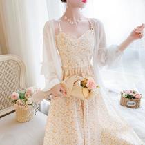 Long dress Summer 2023 new French first love floral halter dress Sun protection shirt set two-piece skirt 590