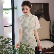 2023 spring/summer flying sleeve composite lace midlength cheongsam fairy dress fresh art Republic of China wind dress 711