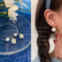 东菊白玫瑰珍珠耳钉女2022年新款潮小众设计感耳环轻奢两戴花朵耳