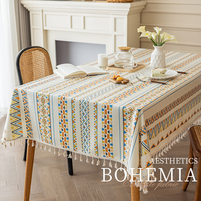 Bohemian tablecloth cotton linen washless cloth art ethnic style rectangular fringe dinner guest house tablecloth waterproof and oil proof full figure