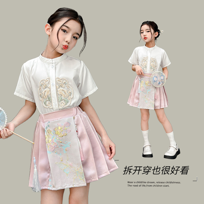 女童中式汉服套装夏季2024新款中大童国风刺绣短袖唐装两件套潮流