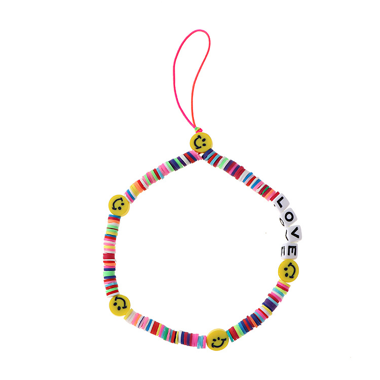 Fashion ethnic style Pearl color polymer clay phone chain eyes Smiley face alphabet beaded phone chain phone pendant 811 Item Picture
