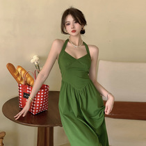 Green halter halter dress Women's Summer 2023 new French retro Hepburn style waist slimming dress 484