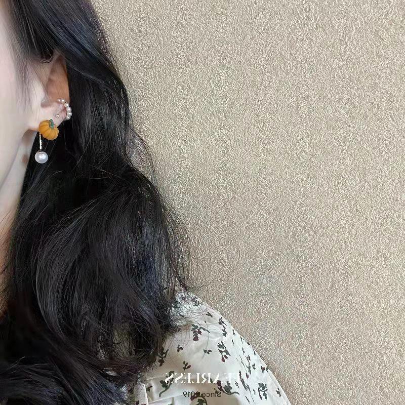 东菊银针韩国小清新可爱一款两戴耳钉小南瓜珍珠耳环少女耳夹图