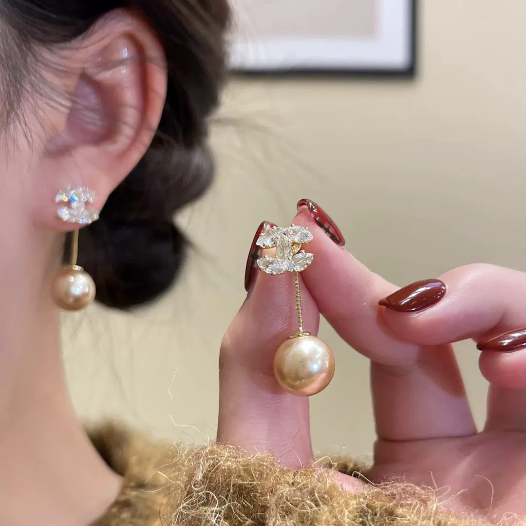 韩式气质时尚款小香风锆石珍珠两戴款耳坠耳钉精致设计感百搭耳环