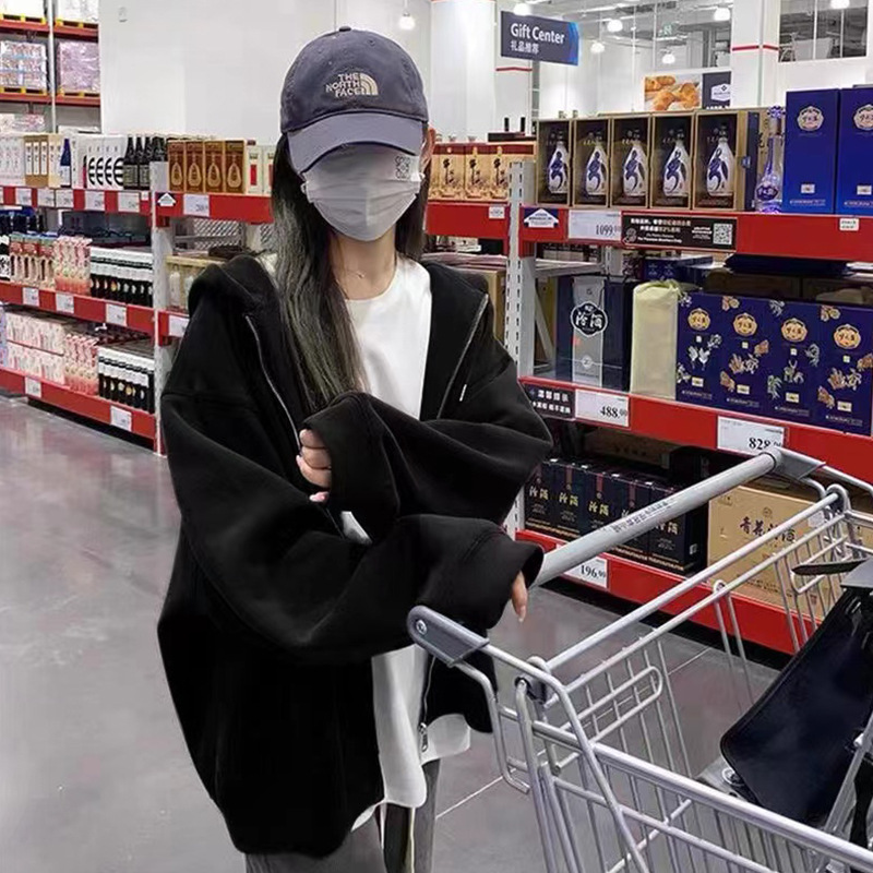 Hoodie spring and autumn clothes hoodie cardigan hundred women's large size hoodie loose thin ins trendy zipper plus fleece coat details Picture