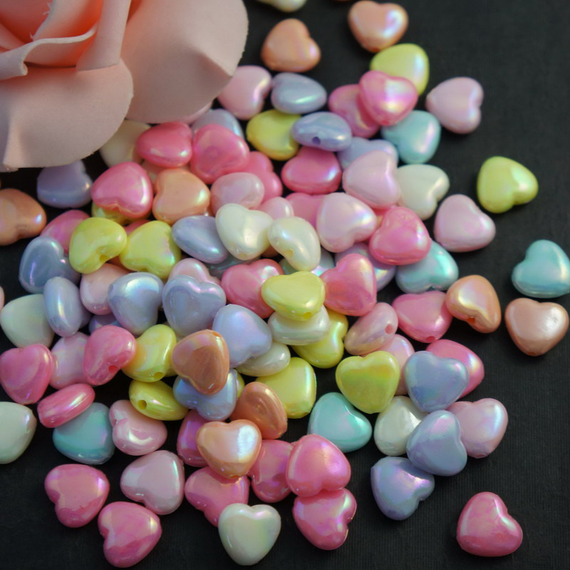 春天色系粉嫩小桃心 七彩桃心 爱心珠 五彩亚克力串珠 儿童饰品细节图