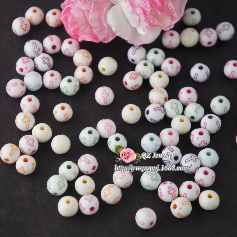 儿童早教益智道具珠子 亚克力白色十字架花纹圆珠diy直孔散珠