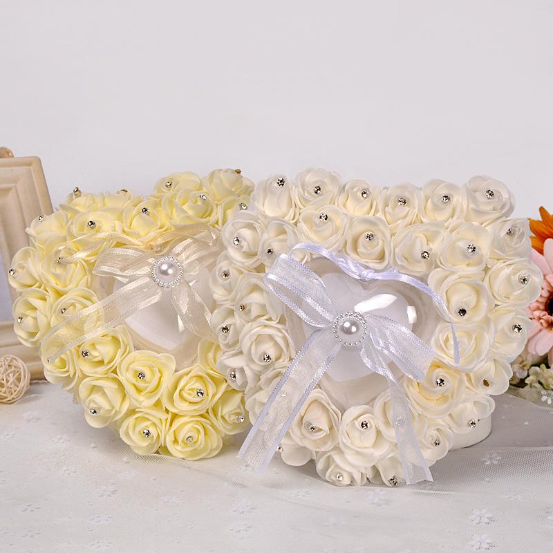 欧式戒指盒 创意婚庆用品新娘新郎PE玫瑰花镶钻戒枕心形戒托批发产品图