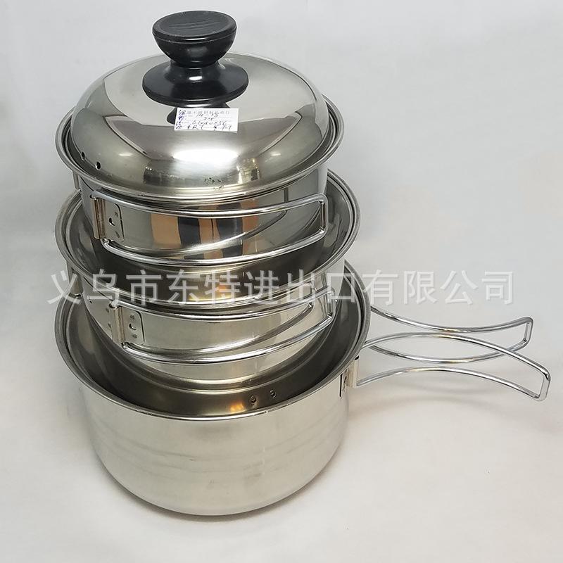 Factory direct sales of stainless steel movable ear milk pot, camping milk pot, three-piece set, steel lid milk pot, steel handle instant noodle pot details Picture