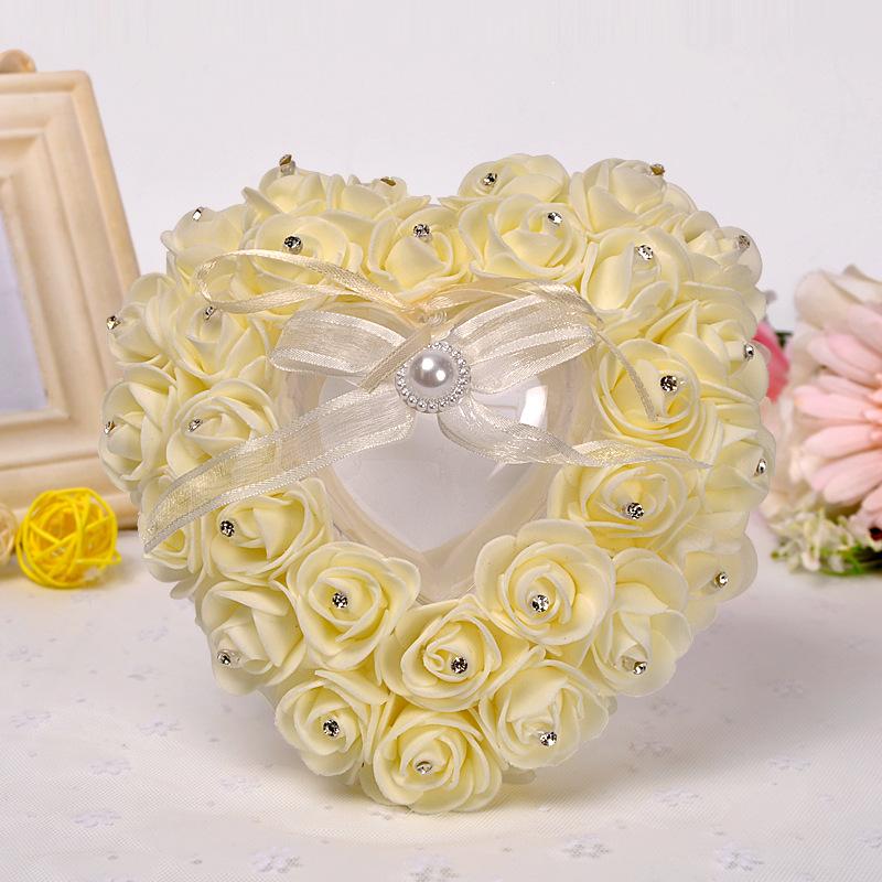 欧式戒指盒 创意婚庆用品新娘新郎PE玫瑰花镶钻戒枕心形戒托批发细节图