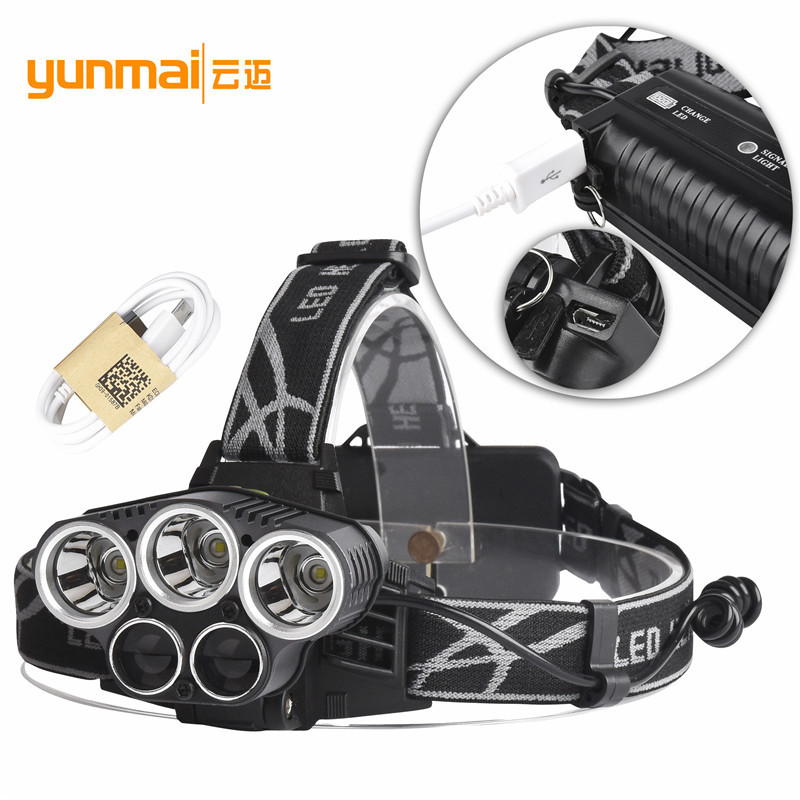 新款5LED头灯 3T6强光充电头灯 蓝光白光钓鱼灯 5LED USB充电头灯