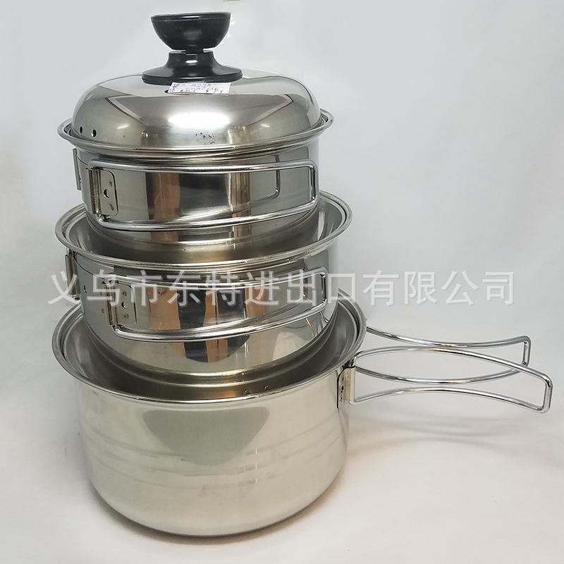 Factory direct sales of stainless steel movable ear milk pot, camping milk pot, three-piece set, steel lid milk pot, steel handle instant noodle pot