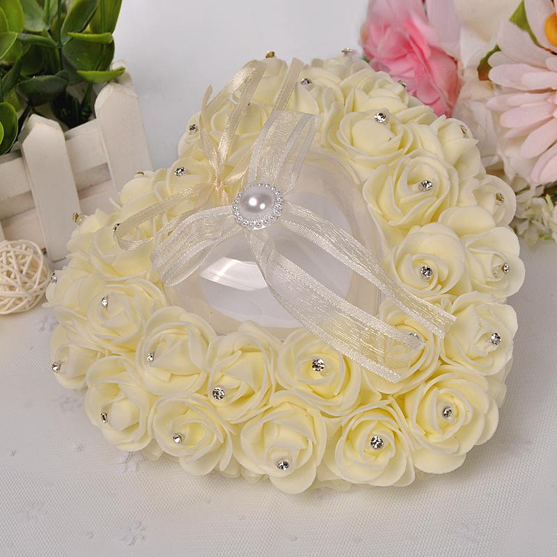 欧式戒指盒 创意婚庆用品新娘新郎PE玫瑰花镶钻戒枕心形戒托批发白底实物图