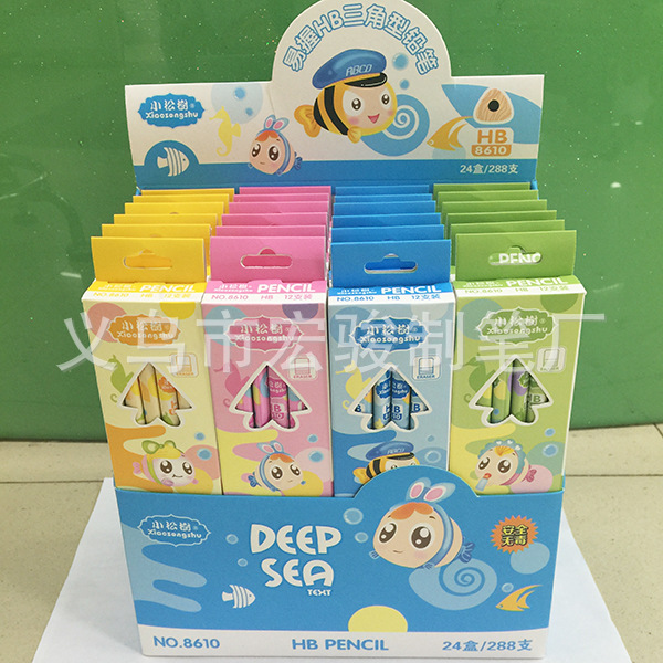 Manufacturer's stock of 12 wooden writing cartoon pencils in V-belt eraser boxes, student pencils HJ-8610 Item Picture