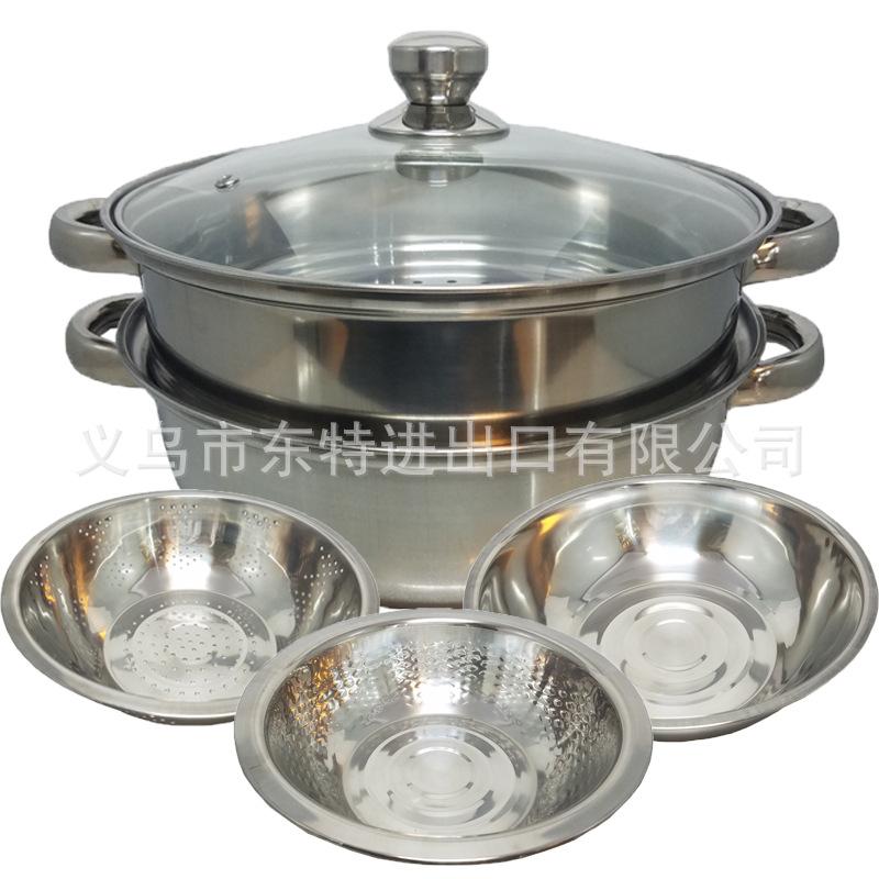 Factory direct sales: 4-piece set of stainless steel cookware, double-layer steaming pot, rice sieve, 3-piece set, gift set