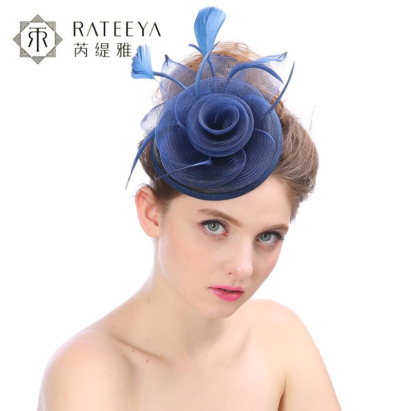 芮缇雅头饰 速卖通新款手工亚麻新娘礼帽 创意羽毛宫廷宴会小帽子详情图7