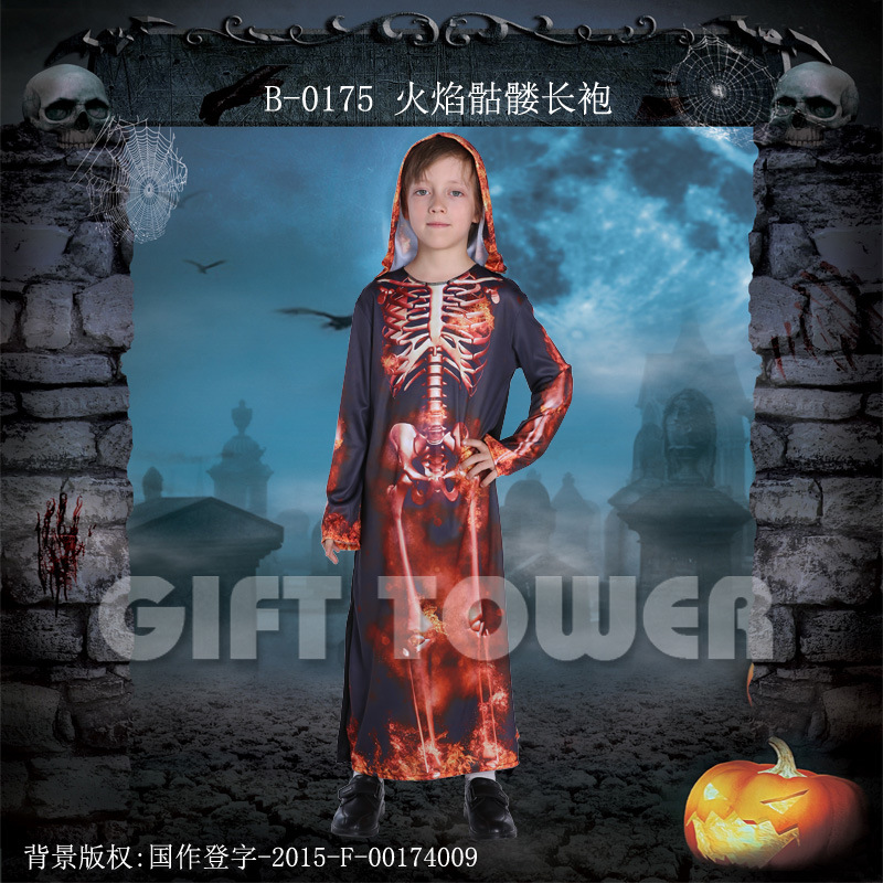 Hwan-woo's Halloween costume, vampire costume,B-0175 flame skull robe cosplay boy details Picture