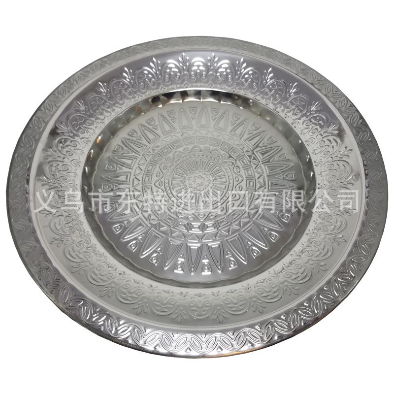 厂家直销不锈钢盘子镀金压花托盘西餐经典花盘圆形蔬菜水果盘详情图6