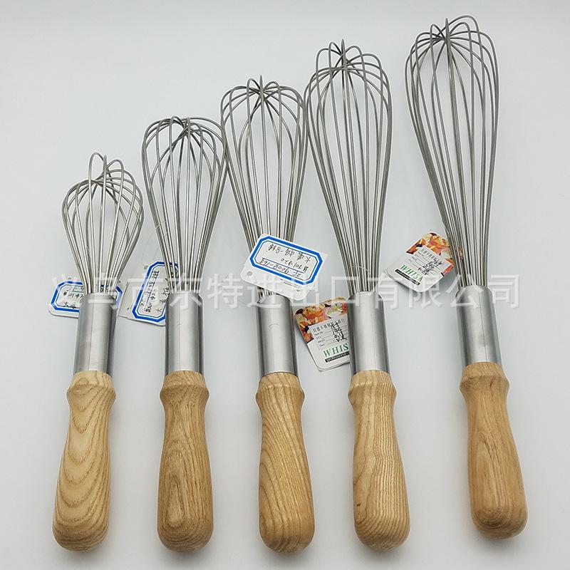 Factory direct sales of stainless steel egg beaters, 8-line oak handle stirrers, high-end manual egg beaters, baking utensils details Picture