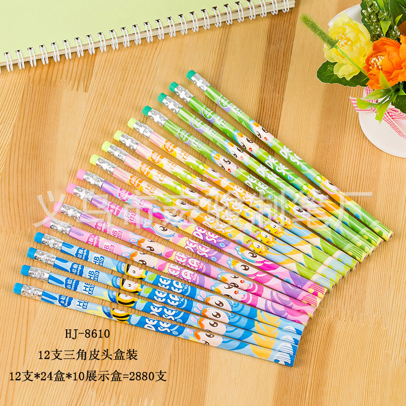 Manufacturer's stock of 12 wooden writing cartoon pencils in V-belt eraser boxes, student pencils HJ-8610 details Picture