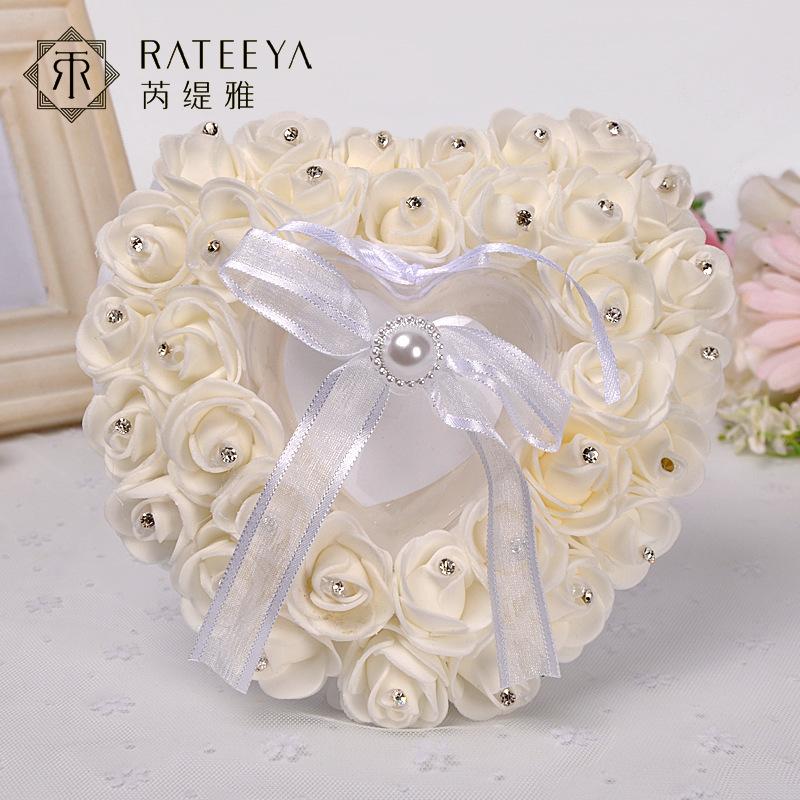 欧式戒指盒 创意婚庆用品新娘新郎PE玫瑰花镶钻戒枕心形戒托批发