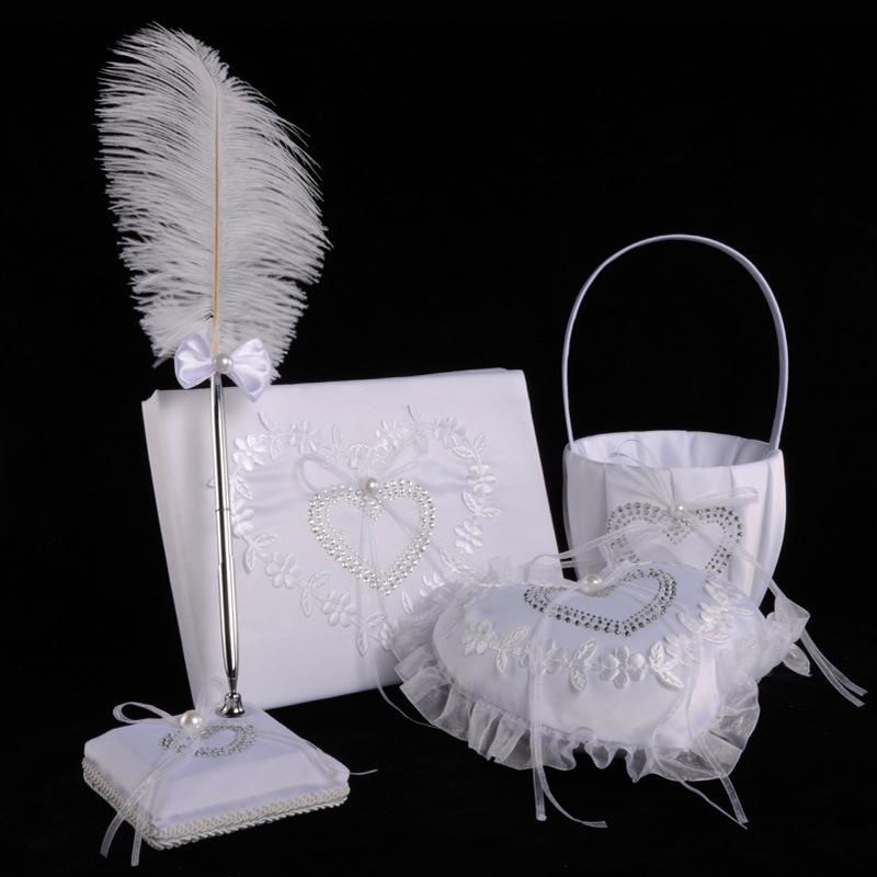Wedding product manufacturer directly supplies Western-style wedding supplies set, wedding three-piece set, ring pillow, feather sign-in pen, sign-in book wholesale details Picture
