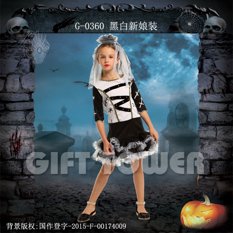 Halloween costume, stage performance costume G-0360, black and white bride costume, cosplay costume, role-playing costume, Halloween performance costume Specification image