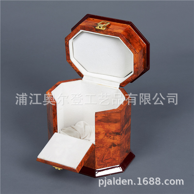 Octagonal flip lid split-opening wooden box packaging, lacquered and printed wooden wine box wholesale, essential oil wooden box customization details Picture