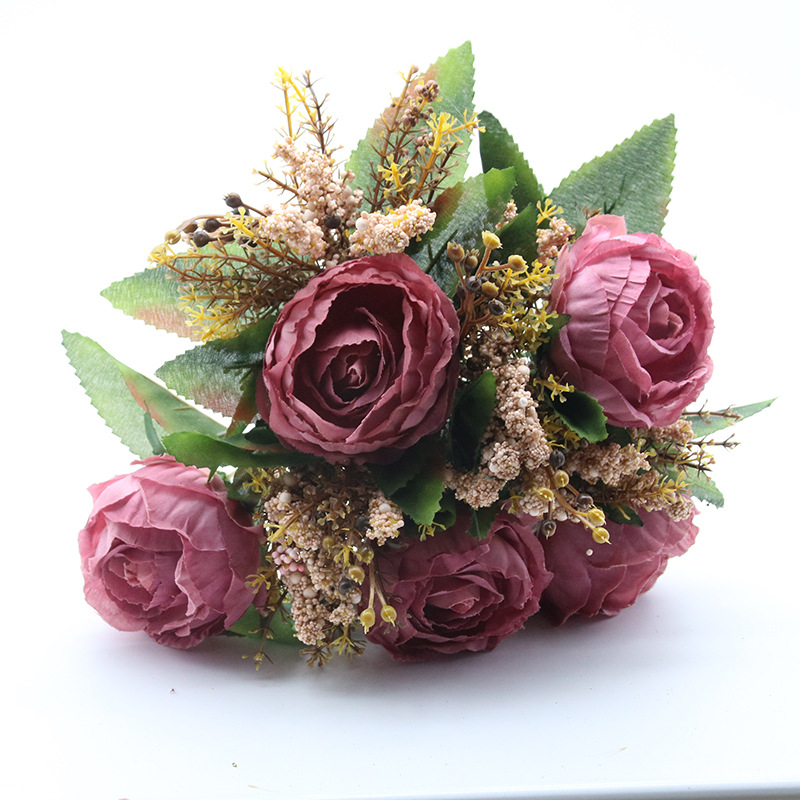 European-style artificial flowers in five colors, high-end artificial flowers, for living room home decoration, wedding, core wrapping, peonies, roses, silk flowers Specification image
