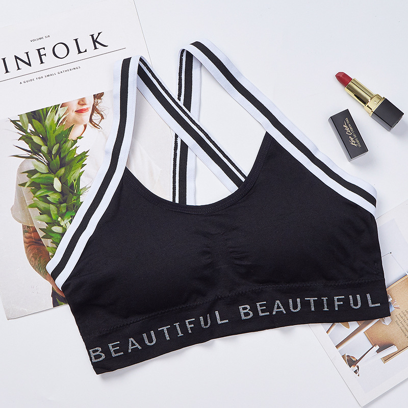 Running yoga shockproof short sports bra, black and white shoulder stripes with English letter shoulder straps, cross-shaped beautiful back vest undefined