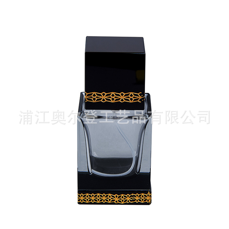 Sandblasted gold-plated polished essential oil bottle, creative mini black k9 crystal perfume bottle, square spray packaging bottle Item Picture