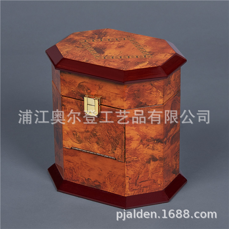 Octagonal flip lid split-opening wooden box packaging, lacquered and printed wooden wine box wholesale, essential oil wooden box customization