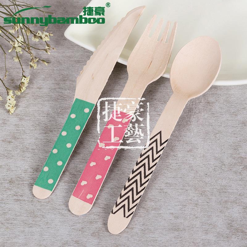 New cute printed disposable knives, forks and spoons, portable disposable tableware for travel, wholesale of wooden knives, forks and spoons for restaurants