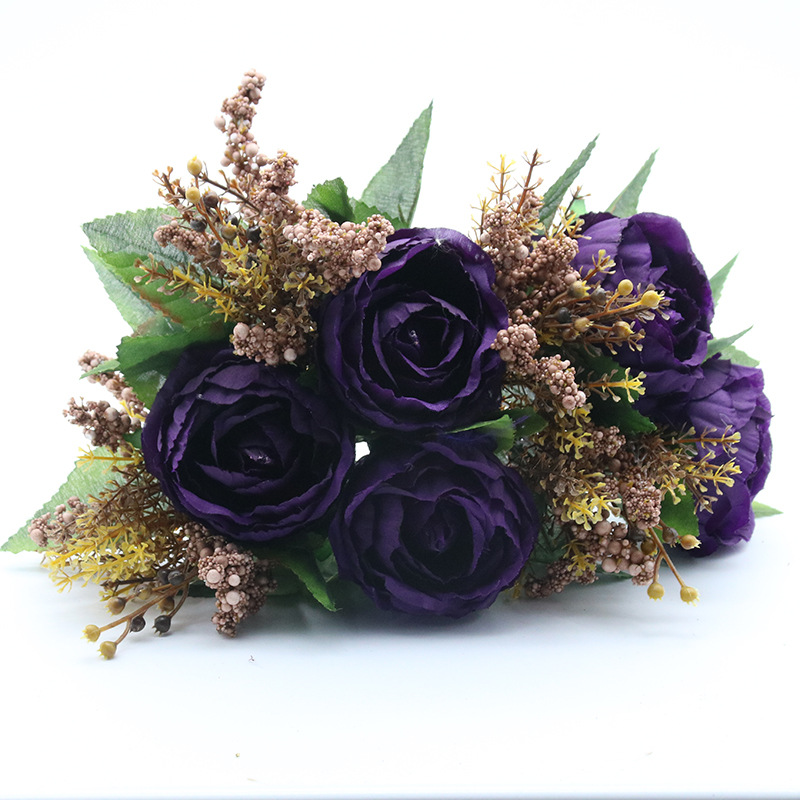 European-style artificial flowers in five colors, high-end artificial flowers, for living room home decoration, wedding, core wrapping, peonies, roses, silk flowers undefined