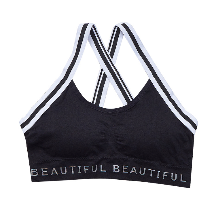Running yoga shockproof short sports bra, black and white shoulder stripes with English letter shoulder straps, cross-shaped beautiful back vest Item Picture