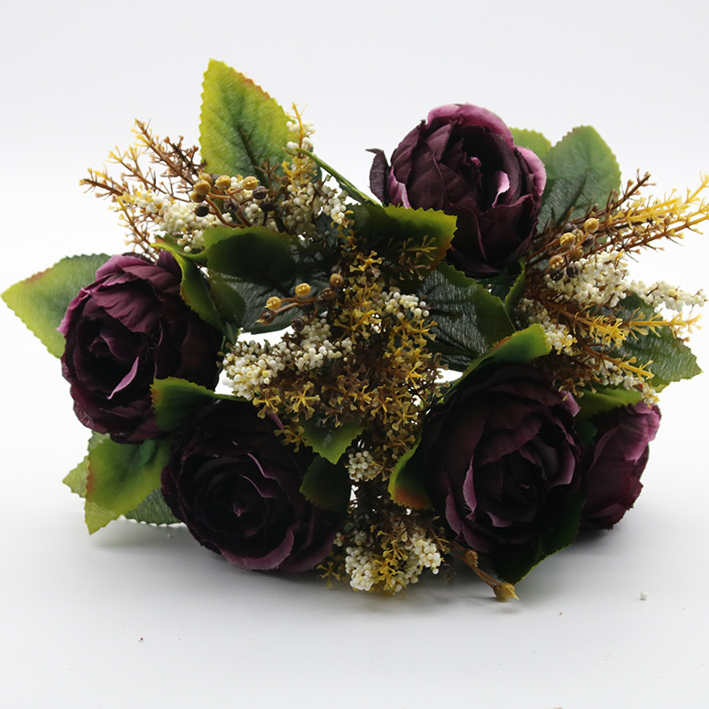 European-style artificial flowers in five colors, high-end artificial flowers, for living room home decoration, wedding, core wrapping, peonies, roses, silk flowers undefined