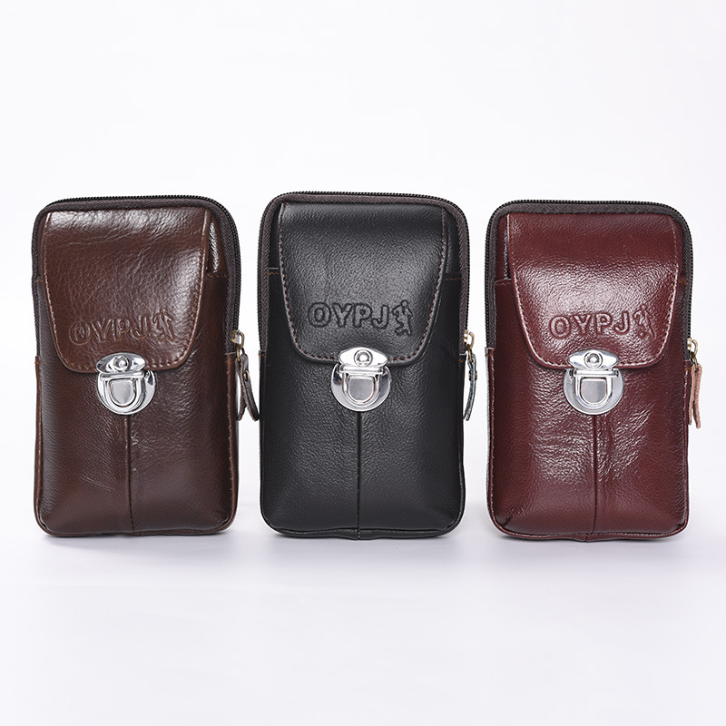 Multi-Functional Business Men Wear Belt Mobile Phone Vertical Waist Pack Horizontal Cowhide Thin Waterproof Leather Wholesale details Picture