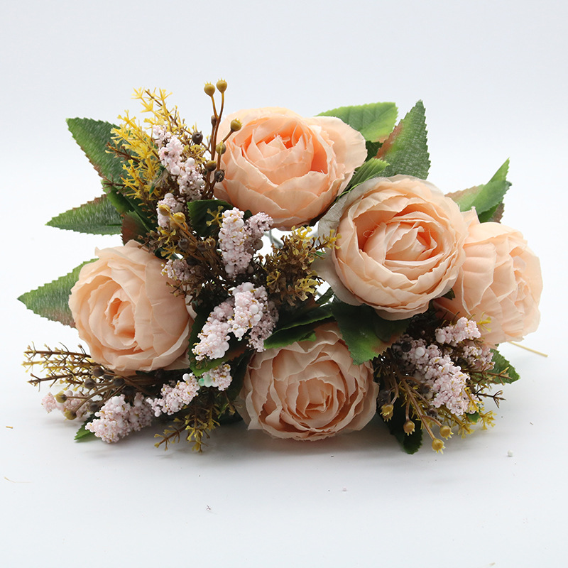European-style artificial flowers in five colors, high-end artificial flowers, for living room home decoration, wedding, core wrapping, peonies, roses, silk flowers undefined