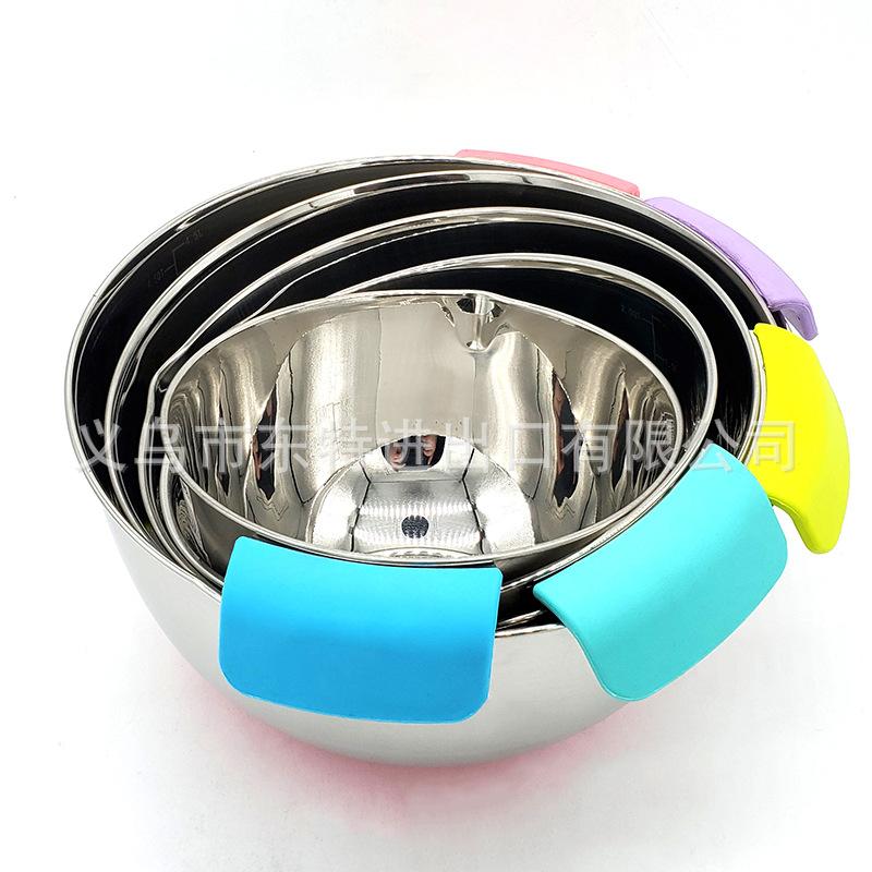 Factory direct sales stainless steel salad basin, high-quality stainless steel silicone handle basin, salad bowl with scale, anti-slip baking